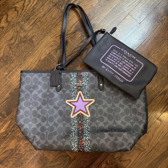 Coach Handbags - Coach Reversible‎ Canvas City Tote Signature Varsity Stripe Floral Star EUC